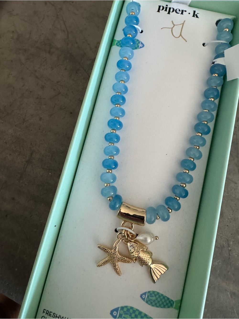 Piper•K fish nautical Gold Charm Necklace w/ Blue glass Beads &fresh water pearl